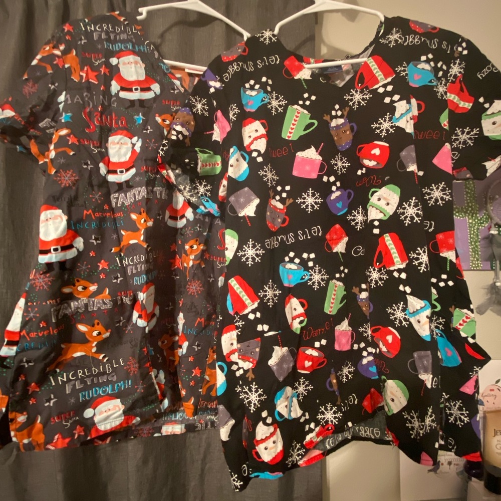 2 Uniform Advantage Christmas scrub tops. Size Large.